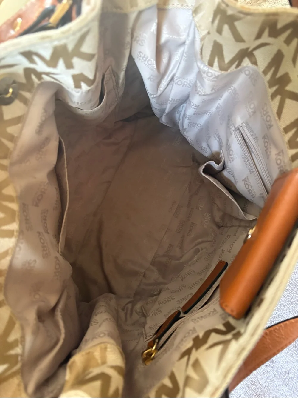 Michael Kors Cream and Tan Signature MK Logo Tote with Gold Plaque Gansevoort